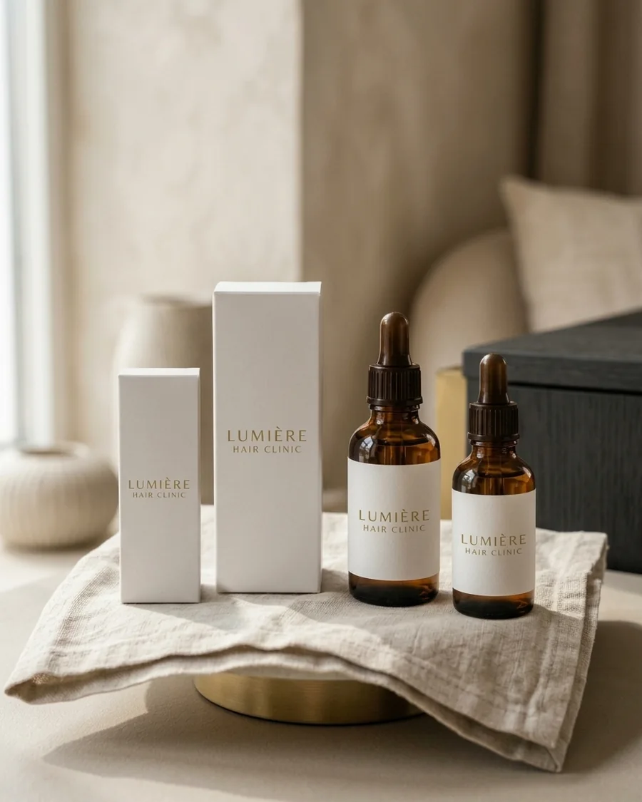 Lumière Hair Clinic prescription medicine bottles and boxes on linen