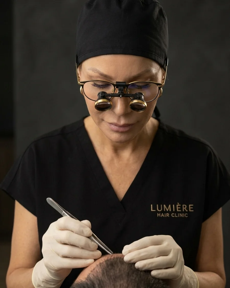 Dr Kristy Truong in surgical loupes examining a hairline
