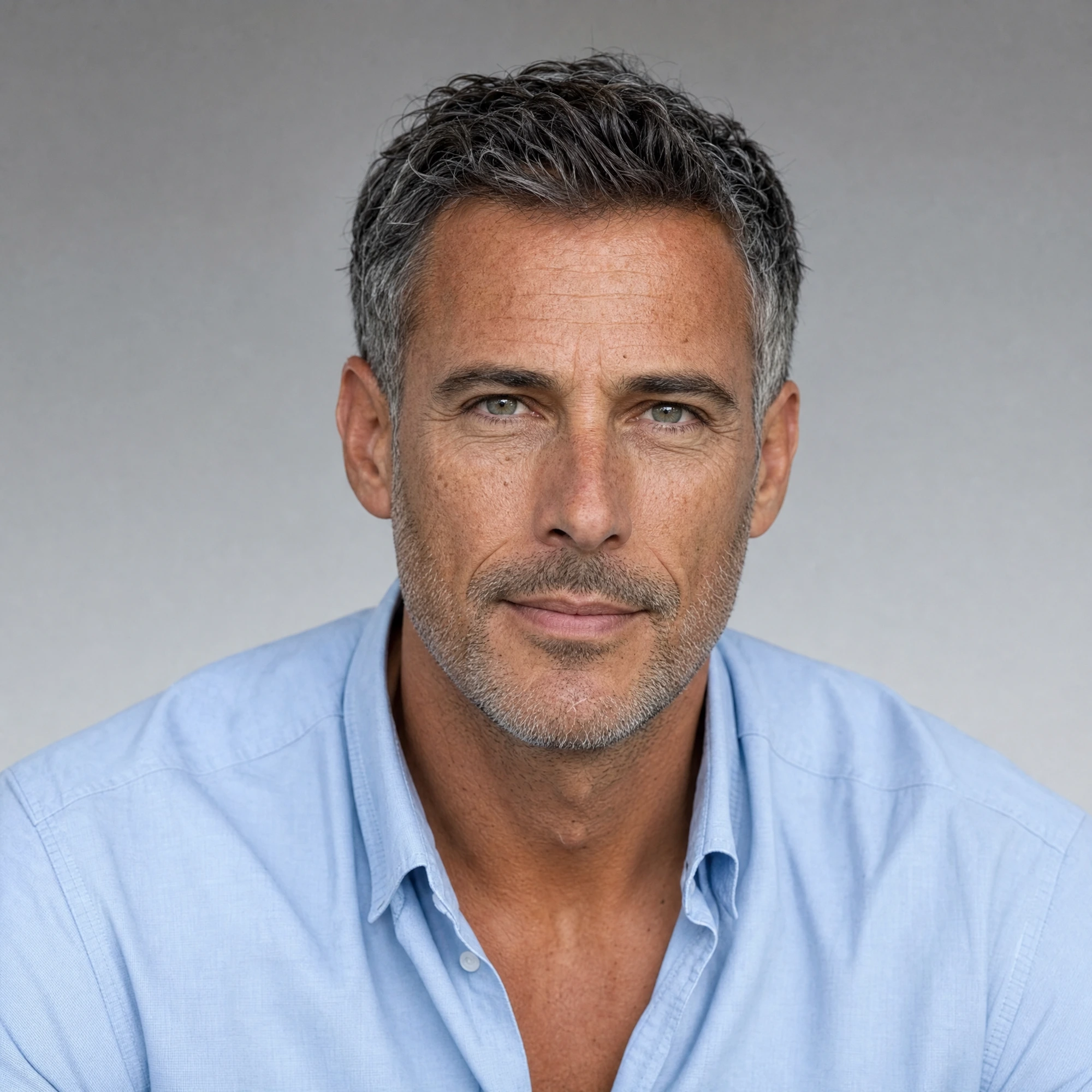 A greying man in a pale blue shirt looking at the camera