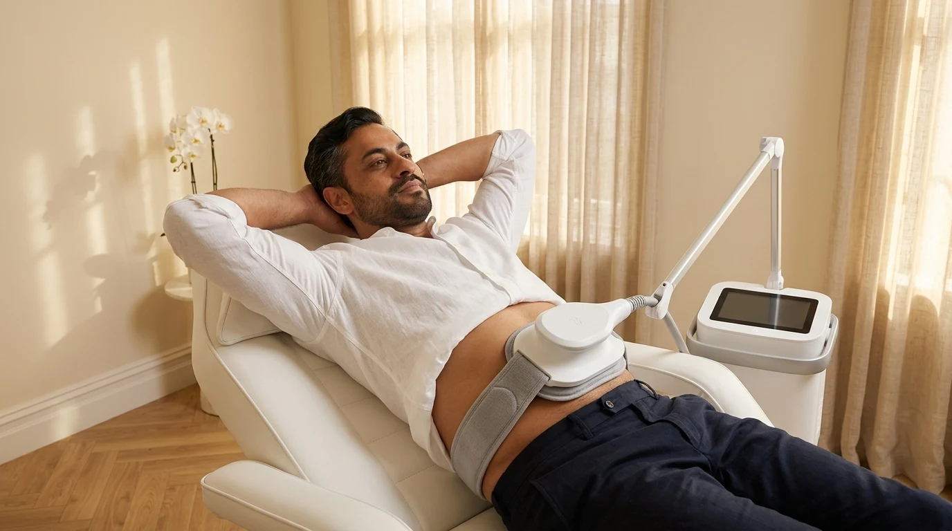 A man relaxing on a treatment bed with a body-contouring applicator strapped to his abdomen