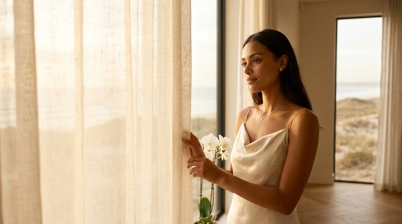 A young woman holding a sheer curtain at a bright window, golden light on her skin